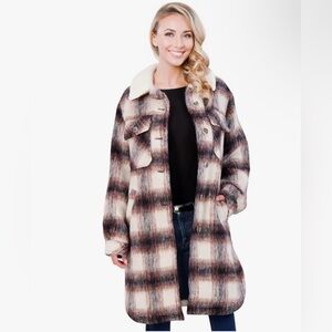Vince Camuto Fleece Plaid Shacket Women, Long Plaid Jacket Woman, Plaid Coat